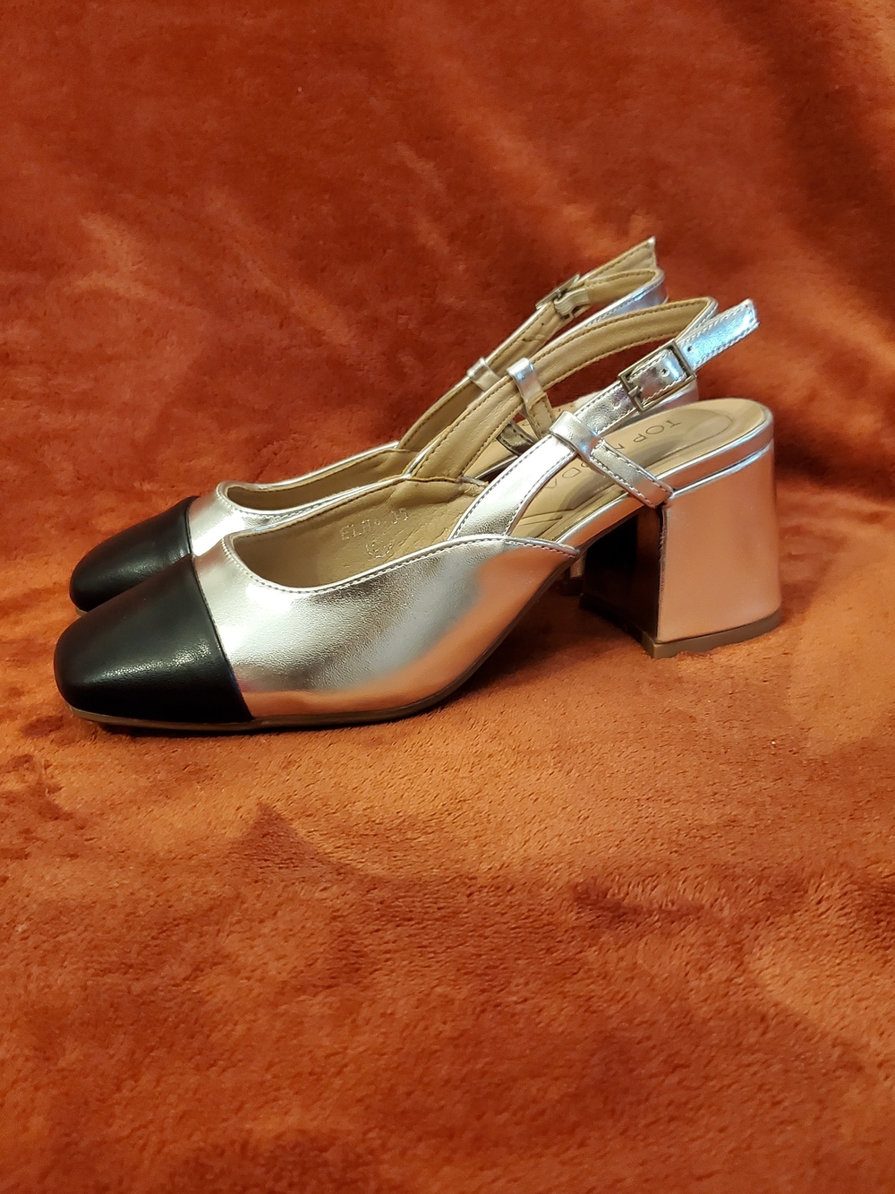 Metallic Silver Slingback Block Heels with Black Cap Toe